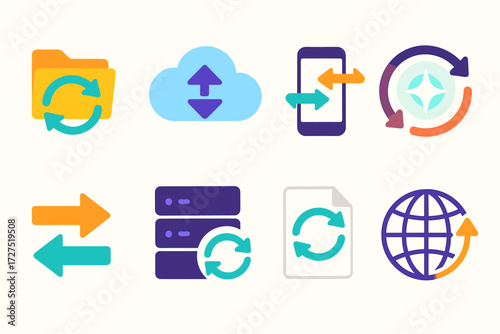 Modern Data Sync Icons. Data Sync icons in modern flat : arrows circling folder, cloud with double arrows, phone sync to laptop, glowing update icon,