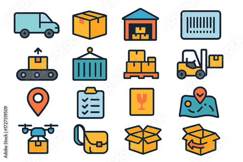 E-Commerce Logistics Icons. E-Commerce Logistics Icons icons in modern flat : delivery van, parcel box, warehouse, barcode label, conveyor belt,