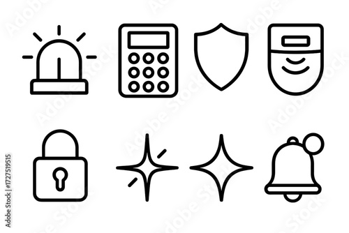 Alarm System Icons. Alarm System icons in outline style: siren symbol, control keypad, shield icon, motion detector, lock outline, glowing spark,