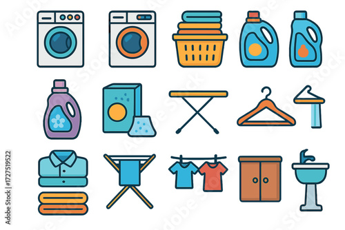 Modern Laundry Icon Set. Home Laundry Icons icons in modern flat : washing unit, dryer unit, basket with folded clothes, detergent jug, fabric