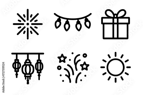 Festive Icon Celebration. Festive Eight Nights icons in outline style: fireworks with eight bursts, glowing string lights, celebratory gift box,