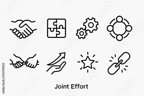 Teamwork and collaboration linear icon set. featuring handshake, puzzle, gears, group, support, growth, star, link