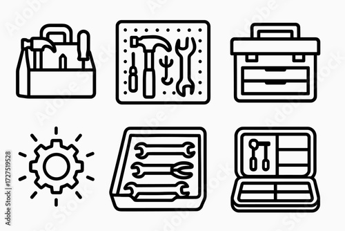 Tool Organizer Icons. Tool Organizer icons in outline style: tool caddy with compartments, pegboard hooks with tools, divided toolbox, chest with