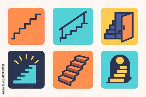 Glowing Basement Stairs. Basement Stairs icons in modern flat : steps leading down, stairwell with handrail, perspective stair icon, basement door