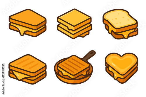 Breakfast food flat icon set. featuring sandwich, cheese, toast, grilled, and pan symbols