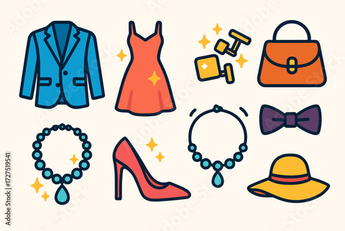 Chic Fashion Icons. Dressed Up icons in modern flat : stylish blazer, cocktail dress with shimmer, cufflinks glowing, fancy handbag, sparkling