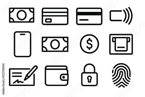 Payment Icons Set. Payment Options icons in outline style: cash, debit card, credit card, contactless pay, mobile phone, dollar bill, coin, ATM,