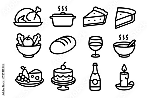 Festive Feast Icons. Holiday Banquet icons in outline style: roasted turkey, casserole dish, pie slice, salad bowl, bread loaf, wine glass, cheese
