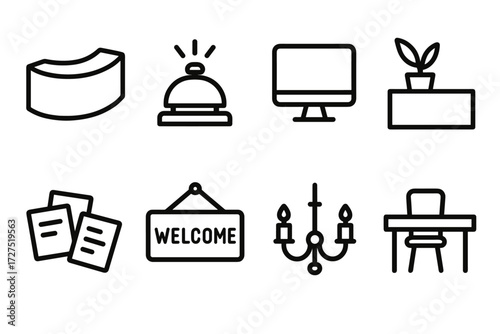 Modern Lobby Desk. Lobby Desk icons in outline style: curved modern desk, reception bell glowing, computer screen icon, plant on counter, papers
