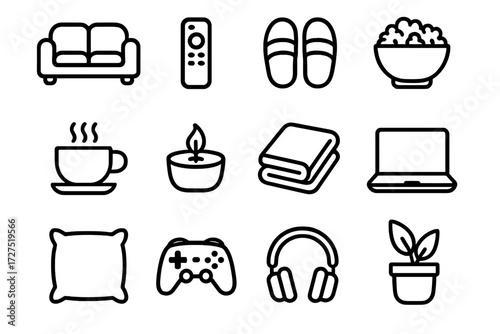 Staycation Comfort Icons. Staycation Comfort icons in outline style: sofa, TV remote, slippers, popcorn bowl, coffee cup, candle, blanket, laptop,
