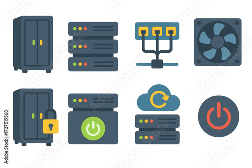 Modern Server Rack Icons. Server Rack icons in modern flat : server cabinet, unit stacks, LED status lights, cable hub, fan cooling, locked rack,