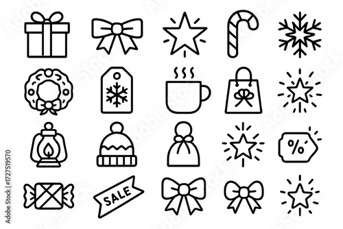 Festive Holiday Icons. Holiday Offer Icons icons in outline style: wrapped gift, festive ribbon, glowing star, candy cane, holiday wreath, snowflake