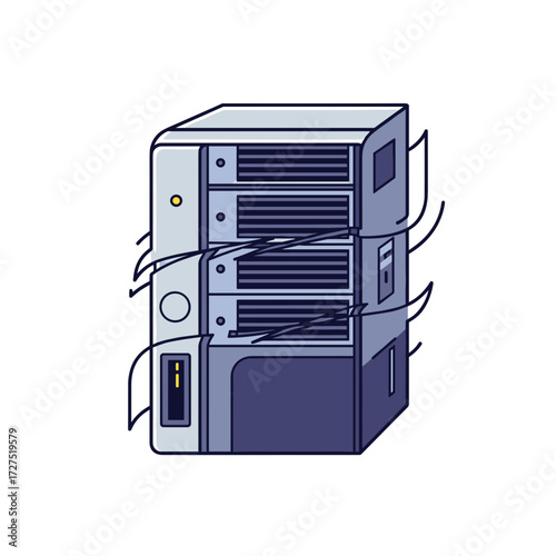 Outlined Server Rack with Cooling Fins and Ports.