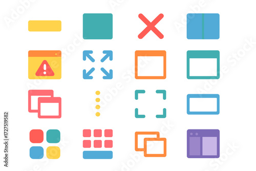 Modern Window Icons. Window Controls Icons icons in modern flat : minimize bar, maximize square, close X, split screen, pop-up alert, resize arrows,