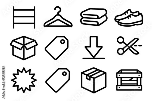 Retail and packaging linear icon set. featuring ladder, hanger, towel, shoes, box, tag, download, scissors, star, crate