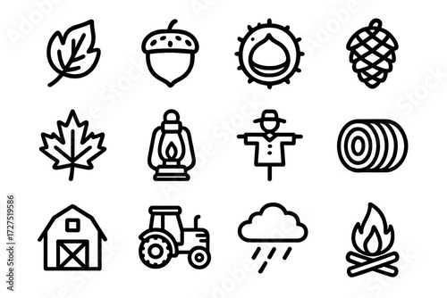 Autumn Icons Collection. Autumn Symbols icons in outline style: falling leaf, acorn, chestnut, pinecone, maple leaf, lantern, scarecrow, hay bale,