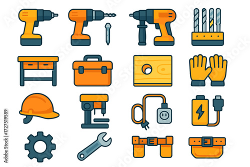 Construction tools flat icon set. featuring drill, screwdriver, wrench, toolbox, gloves, and helmet symbols
