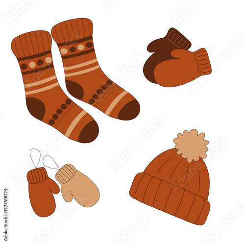 Vector set of warm winter clothing accessories. Knitted socks, cozy hat and mittens isolated on white background