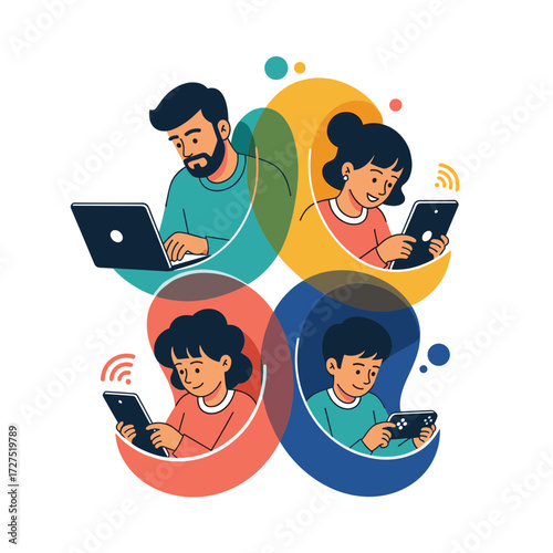 Family Members Using Technology Connected via Wireless Internet Vector Illustration.