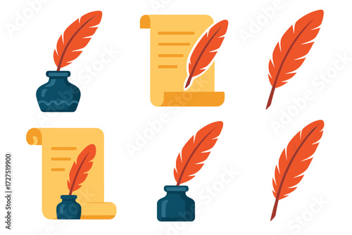 Feather Quill Icons. Classic Feather Quill icons in modern flat : ornate ink bottle with quill, parchment with quill, old-style feather pen, scroll