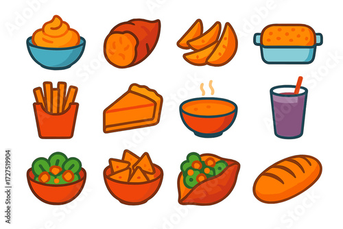 Sweet Potato Delights. Prepared Dishes icons in modern flat : mashed sweet potatoes, baked sweet potato, roasted wedges, casserole dish, sweet potato