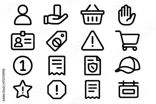 Customer Limit Icons. Customer Limit Icons icons in outline style: one per customer label, hand holding one item, shopping basket, warning hand, ID