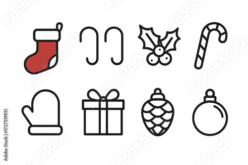 Holiday Stocking Icons. Stocking Hung icons in outline style: red stocking, mantle hooks, holly leaf, candy stick, winter mitten, wrapped present,