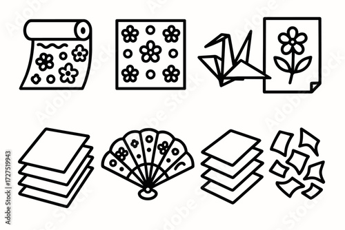 Origami and paper craft linear icon set. featuring paper, crane, flower, fan, and folding symbols