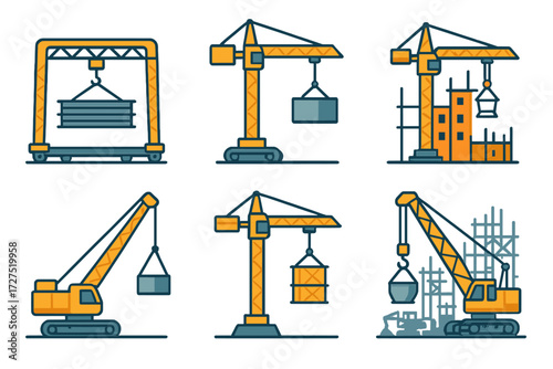 Cranes in Action. Heavy Duty Cranes in Action icons in modern flat : industrial crane lifting steel, crane with concrete block, crane on construction