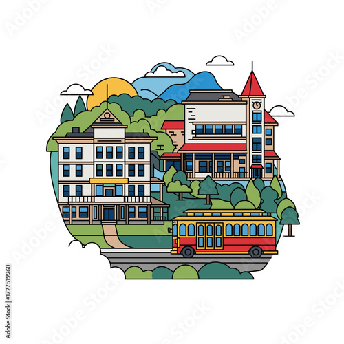 Vibrant flat design townscape illustration with historic buildings green hills sun and a red trolley bus.