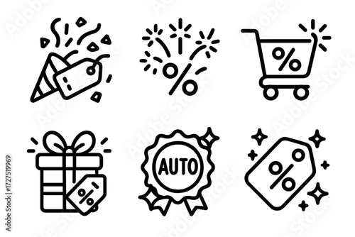 Festive Icon Set. Festive Auto Apply icons in outline style: confetti with coupon tag, fireworks around percent, celebratory cart with spark, glowing