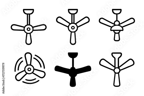 Ceiling Fan Icons. Ceiling Fan Icons icons in outline style: three-blade fan, four-blade fan, fan with light fixture, spinning fan icon, ceiling