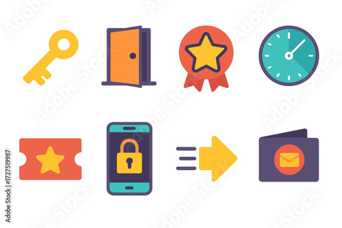 Exclusive Access Icons. Early Access icons in modern flat : golden key, open door, star badge, clock countdown, VIP ticket, phone with lock, fast