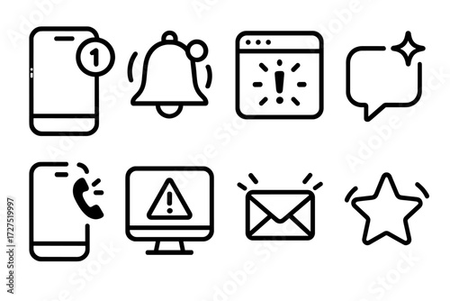 App Notification Icons. App Notification icons in outline style: smartphone alert badge, ringing bell symbol, glowing popup window, message bubble