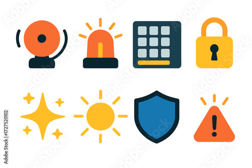 Modern Alarm Icons. Alarm System icons in modern flat : alarm bell, siren light, digital keypad, padlock icon, glowing star, radiant glow, shield