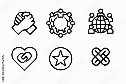 Unity Symbols Collection. Unity Symbol icons in outline style: interlocking hands, circle of people, connected chain links, globe with figures around
