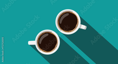 Two cups of hot black coffee are presented in a topdown view against a teal background, casting long shadows