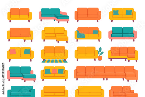 Modern Sofa Icons. Home Couch Icons icons in modern flat : cozy sofa, sectional couch, corner lounge, sofa with cushions, chaise sectional, sofa with