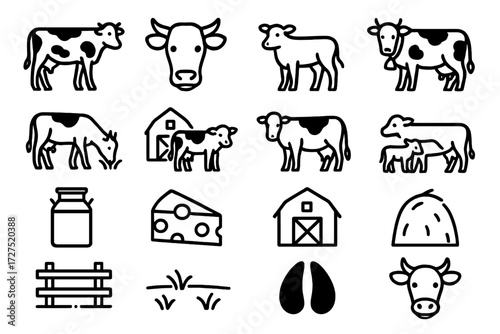 Farm animals silhouette icon set. featuring cow, barn, cheese, milk, fence, grass, lungs, and hay symbols