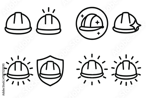 Radiant Safety Helmets. Construction Helmet icons in outline style: protective hard hat, safety helmet detail, helmet outline, glowing aura, radiant