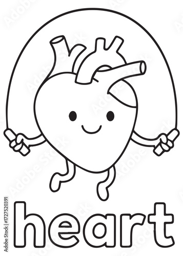 coloring book heart skipping rope, anatomy cartoon for kids, black white line art sporty activity