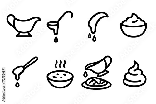 Gravy Pouring Icons. Gravy Pour icons in outline style: gravy jug, ladle pouring, stream of sauce, bowl of mashed potatoes, dripping spoon, hot dish,