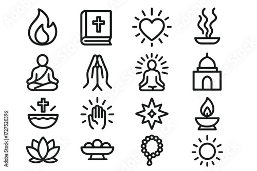 Spiritual Icon Set. Spiritual Devotion Icons icons in outline style: holy flame, sacred book, heart with light, incense smoke, meditating person,