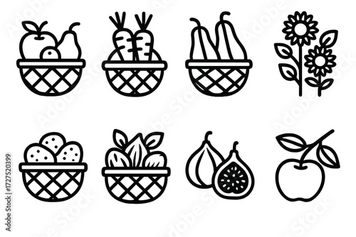 Harvest Basket Icons. Harvest Basket icons in outline style: basket of fruit, carrots, squash, sunflowers, potatoes, nuts, figs, apple branch,