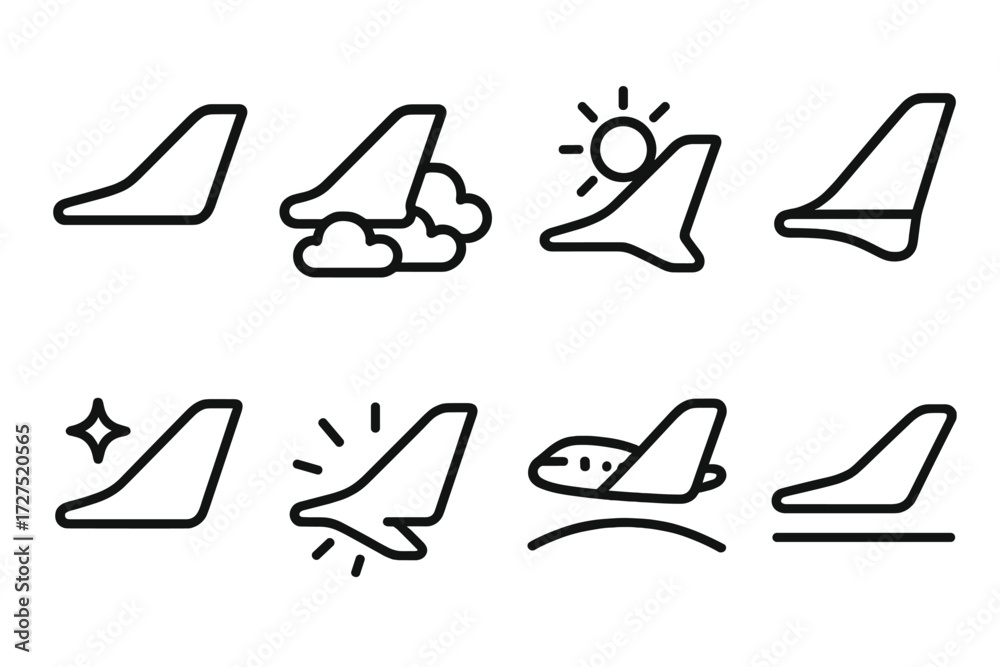 Fototapeta premium Aircraft Wing Icons. Aircraft Wing icons in outline style: wing silhouette, clouds below, wing with sunlight, wingtip detail, star sparkle, radiant