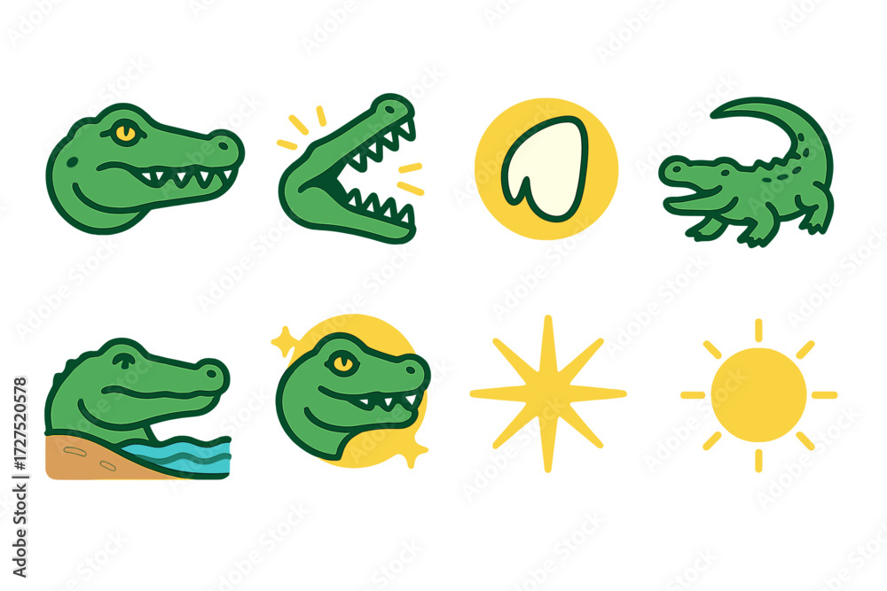 Obraz premium Crocodile Vector Icons. Crocodile Jaw icons in modern flat : crocodile head, snapping jaws, tooth detail, reptile body, riverbank, glowing aura,