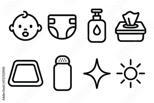 Diaper Change Icons. Diaper Change icons in outline style: baby face, diaper outline, lotion container, wipes icon, changing mat, powder bottle,