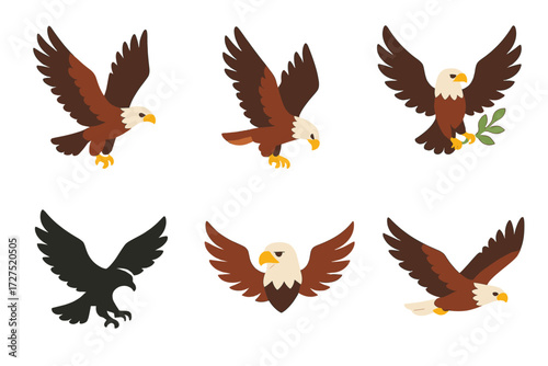 Eagle Icon Collection. Flying Eagle Icons icons in modern flat : eagle soaring wings spread, eagle diving, eagle carrying branch, eagle in silhouette