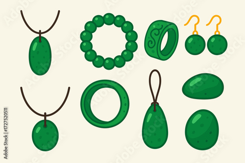 Vibrant Jade Accessories. Jade Jewelry icons in modern flat : jade pendant with string, jade bracelet with beads, carved jade ring, jade earrings,
