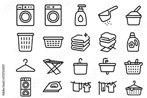 Laundry Room Essentials. Washing Room Icons icons in outline style: washing machine, tumble dryer, soap bottle, detergent scoop, hamper, laundry